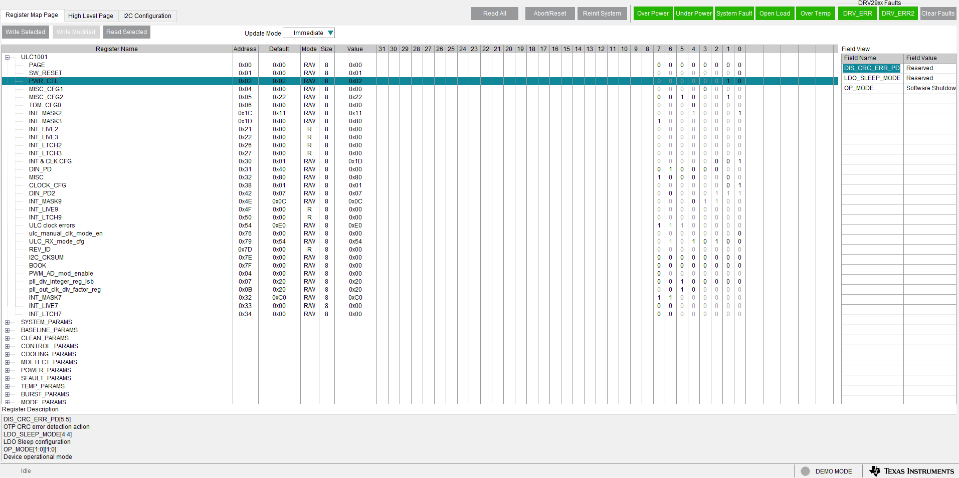 ULC1001 DRV2901 ULC1001-DRV-FL-EVM ULC1001-DRV290XEVM GUI Register Map Page（硬件寄存器）